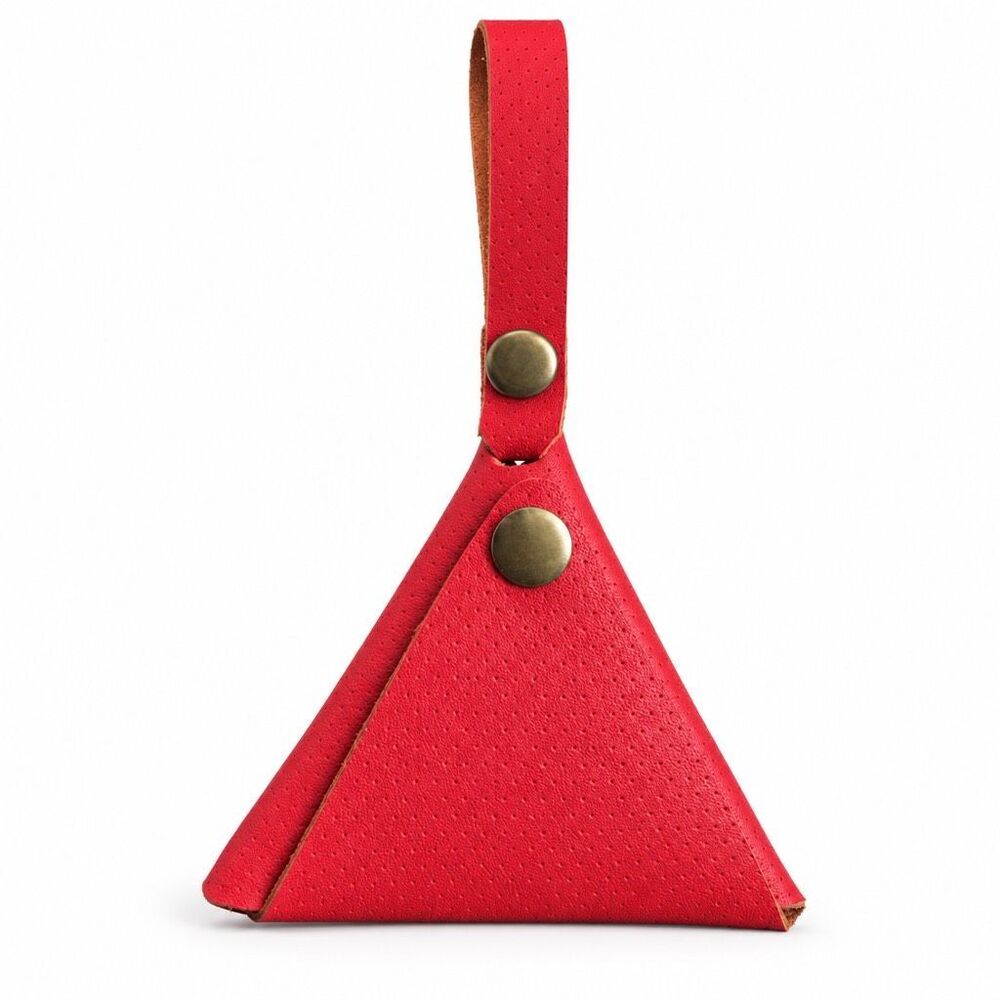 Handmade Thai Scarlet Red Pointelle Leather Triangle Coin Purse Earbud Bag Charm